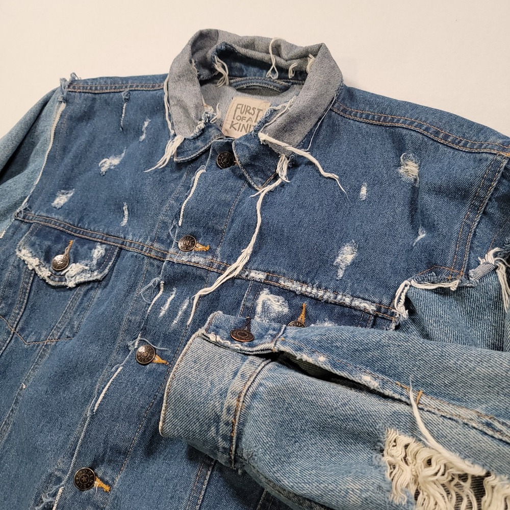 Furst of a‎ Kind Women Distressed Denim Jacket Small Blue Vtg Y2K Upcycled
